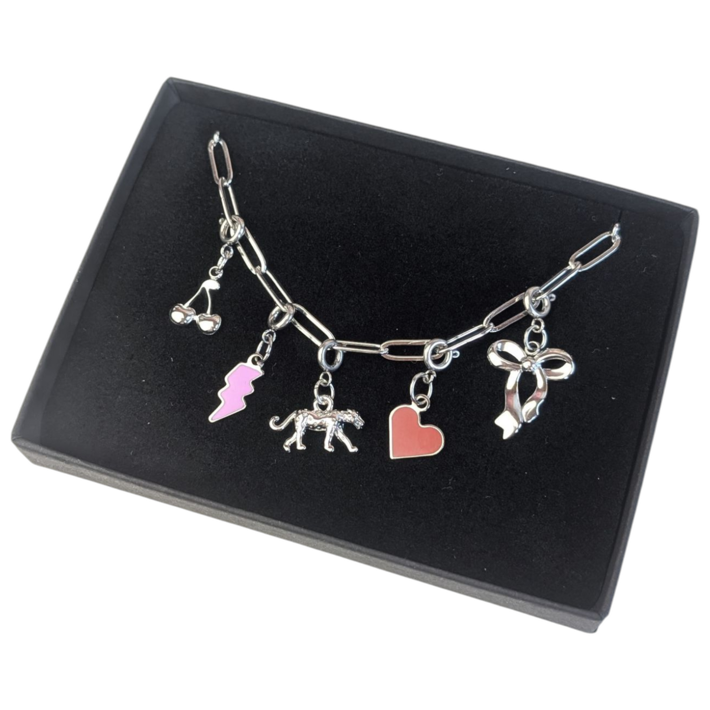 Silver kitch charm necklace