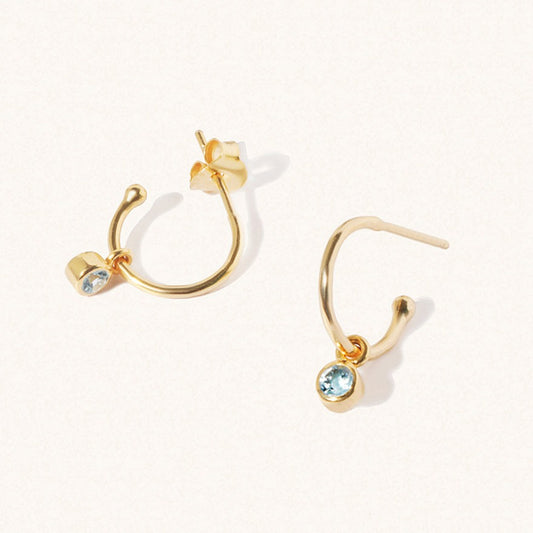 March 18k Gold Vermeil Birthstone Gemstone Hoop Earrings Blue Topaz