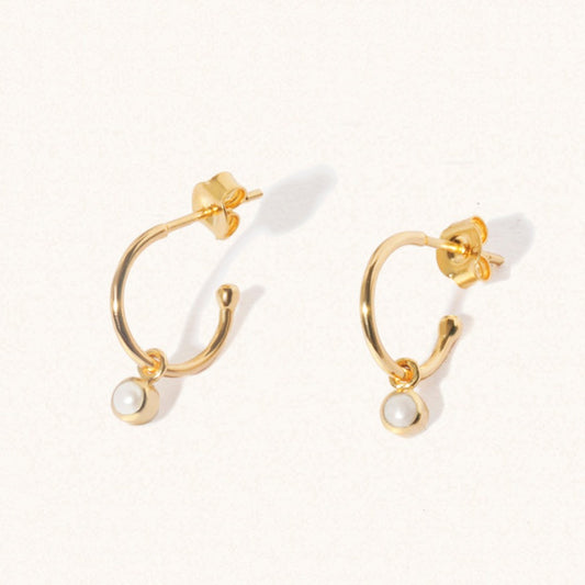 June 18k Gold Vermeil Birthstone Gemstone Hoop Earrings Pearl