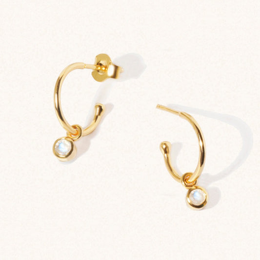 October 18k Gold Vermeil Birthstone Gemstone Hoop Earrings Moonstone
