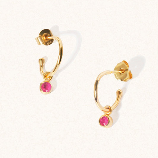 July 18k Gold Vermeil Birthstone Gemstone Hoop Earrings Ruby Quartz
