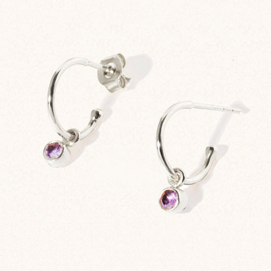 February Sterling Silver Birthstone Gemstone Hoop Earrings Brazilian Amethyst