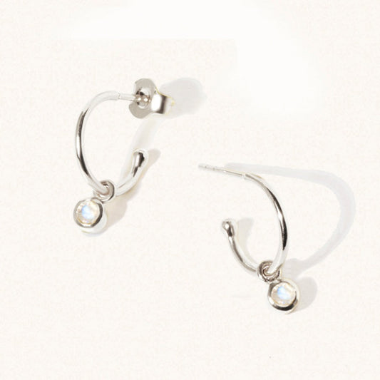 October Sterling Silver Birthstone Gemstone Hoop Earrings Moonstone
