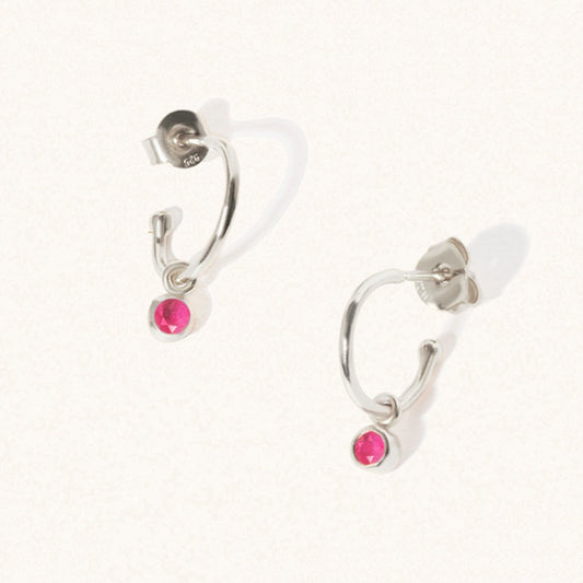 July Sterling Silver Birthstone Gemstone Hoop Earrings Ruby Quartz