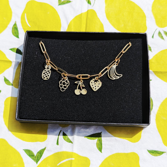Gold fruit charm necklace