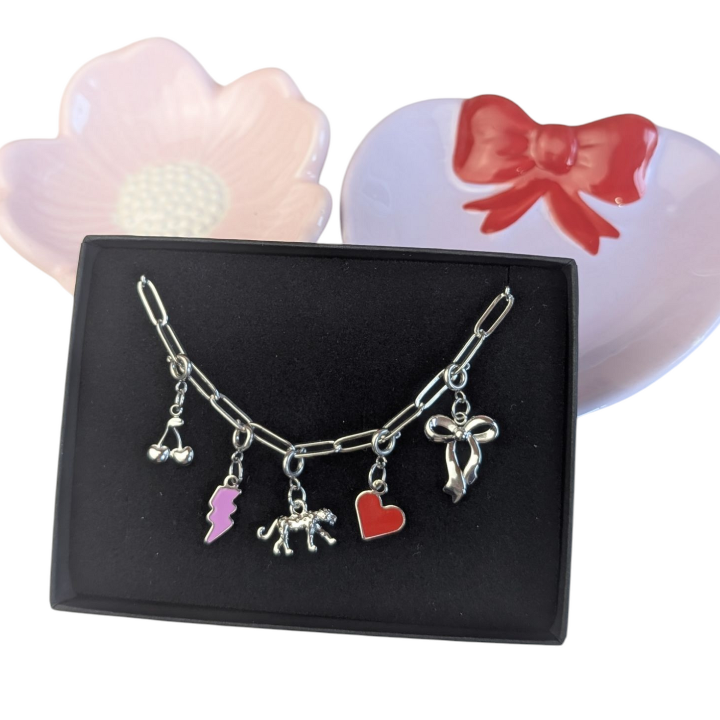 Silver kitch charm necklace