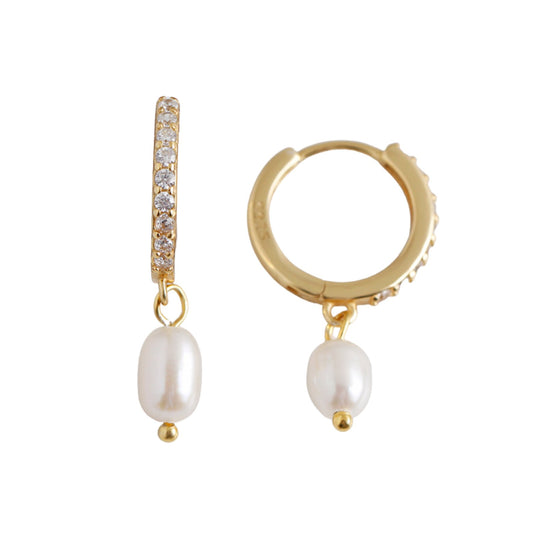 Gold vermeil crystal and pearl huggie hoop earrings - M. Elizabeth