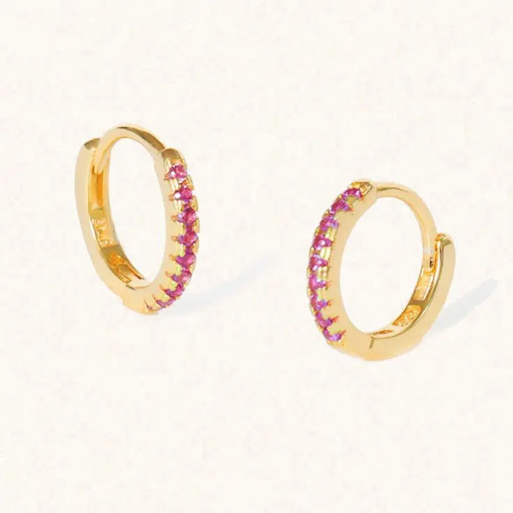 July 18k Gold Vermeil Birthstone Gemstone Huggie Hoop Earrings Ruby Quartz - M. Elizabeth