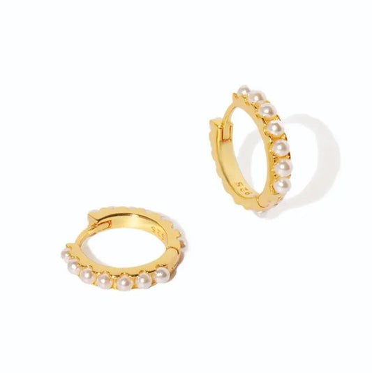 June 18k Gold Vermeil Birthstone Gemstone Huggie Hoop Earrings Pearl - M. Elizabeth
