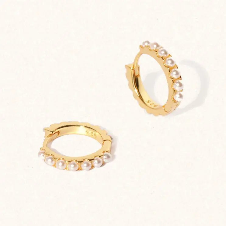 June 18k Gold Vermeil Birthstone Gemstone Huggie Hoop Earrings Pearl - M. Elizabeth