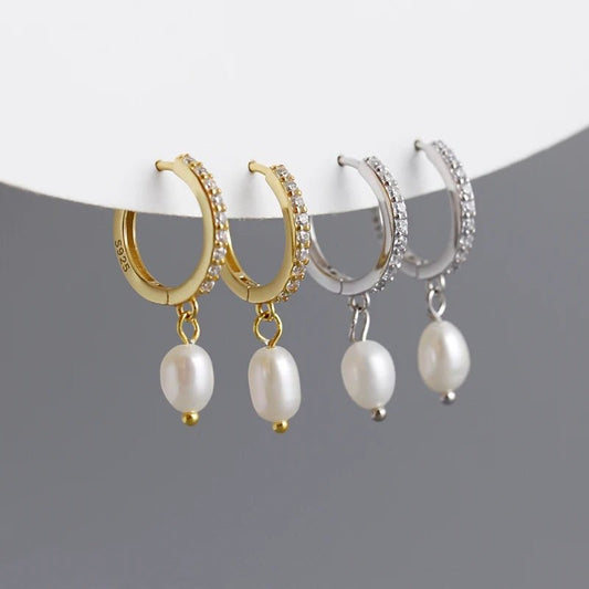 Sterling silver crystal and pearl huggie hoop earrings - M. Elizabeth