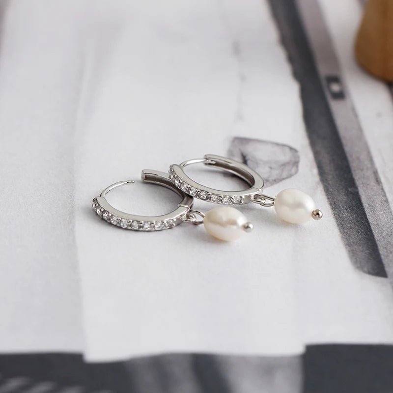 Sterling silver crystal and pearl huggie hoop earrings - M. Elizabeth